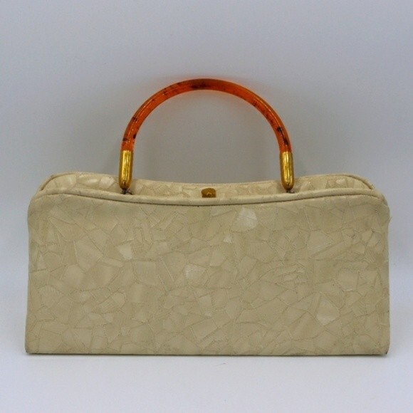 Vintage White Frame Abstract Patterned Box Purse 1960s - Picture 1 of 15